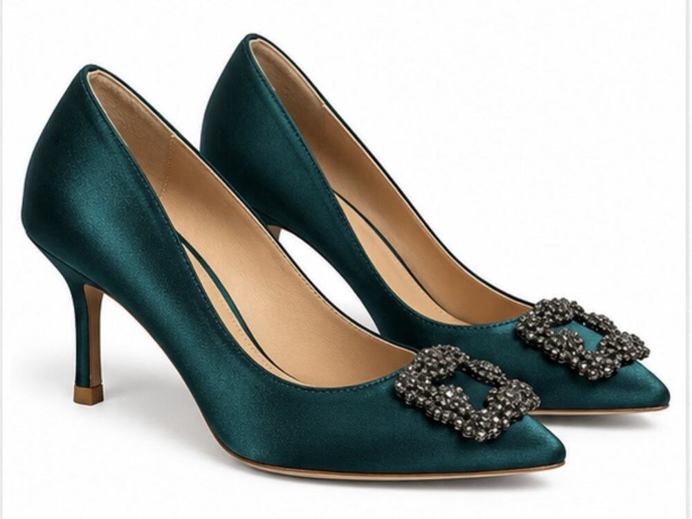 A New Day Women’s Size 7 Emerald Green Satin Rhinestone Buckle Pointed Toe Heels